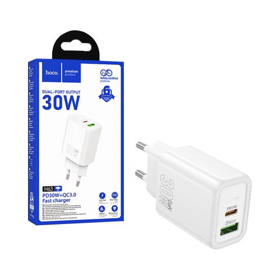 Adaptador Hoco N63 2 Portas USB+Tipo-C PD30W Branco Adaptador Hoco N63 2 Portas USB+Tipo-C PD30W Branco